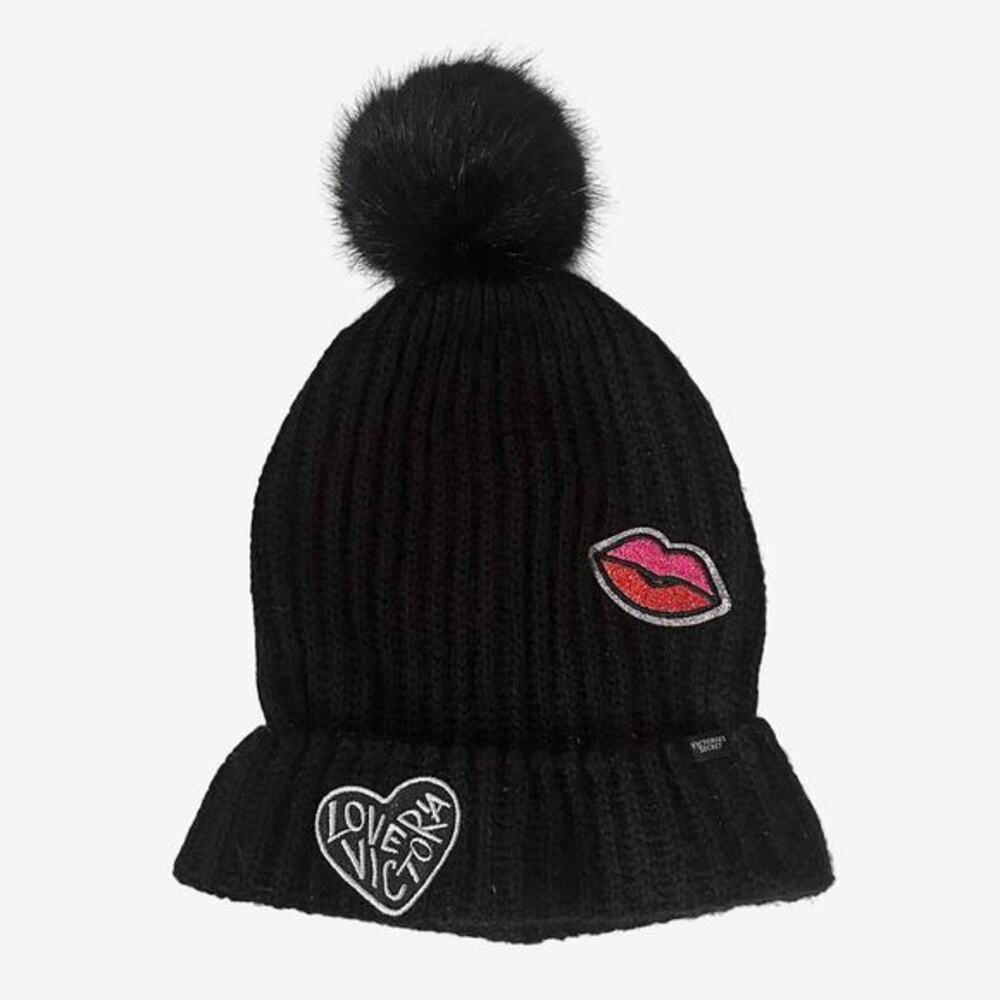 Victoria's Secret Beanie Black Ribbed Patch‎ Pom Pom Hat